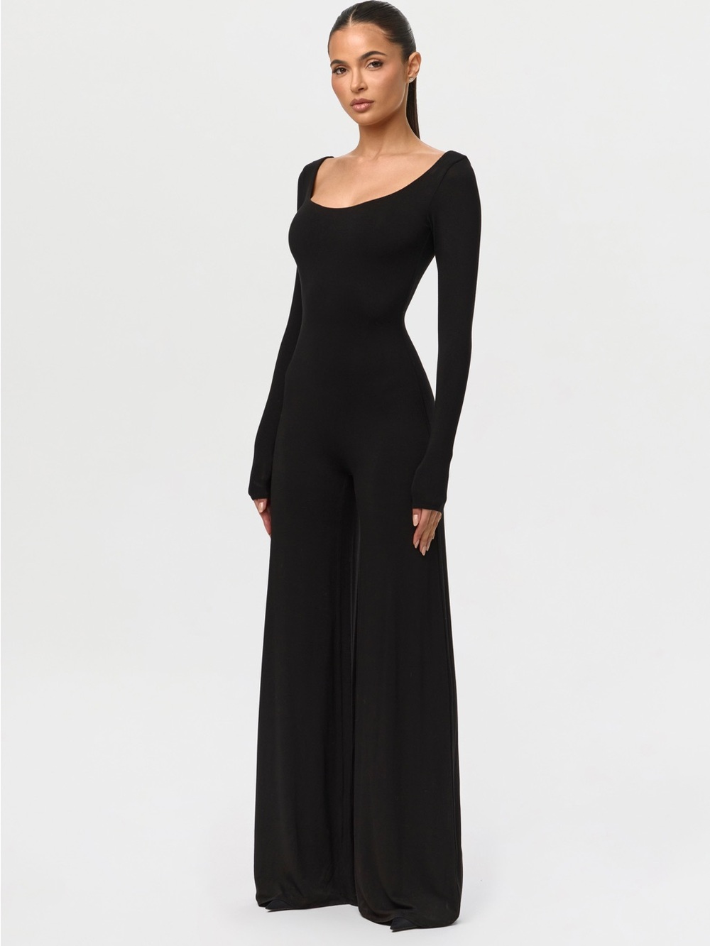 Naked Wardrobe Smooth Off Shoulder Wide Leg Jumpsuit Black Size L NWT